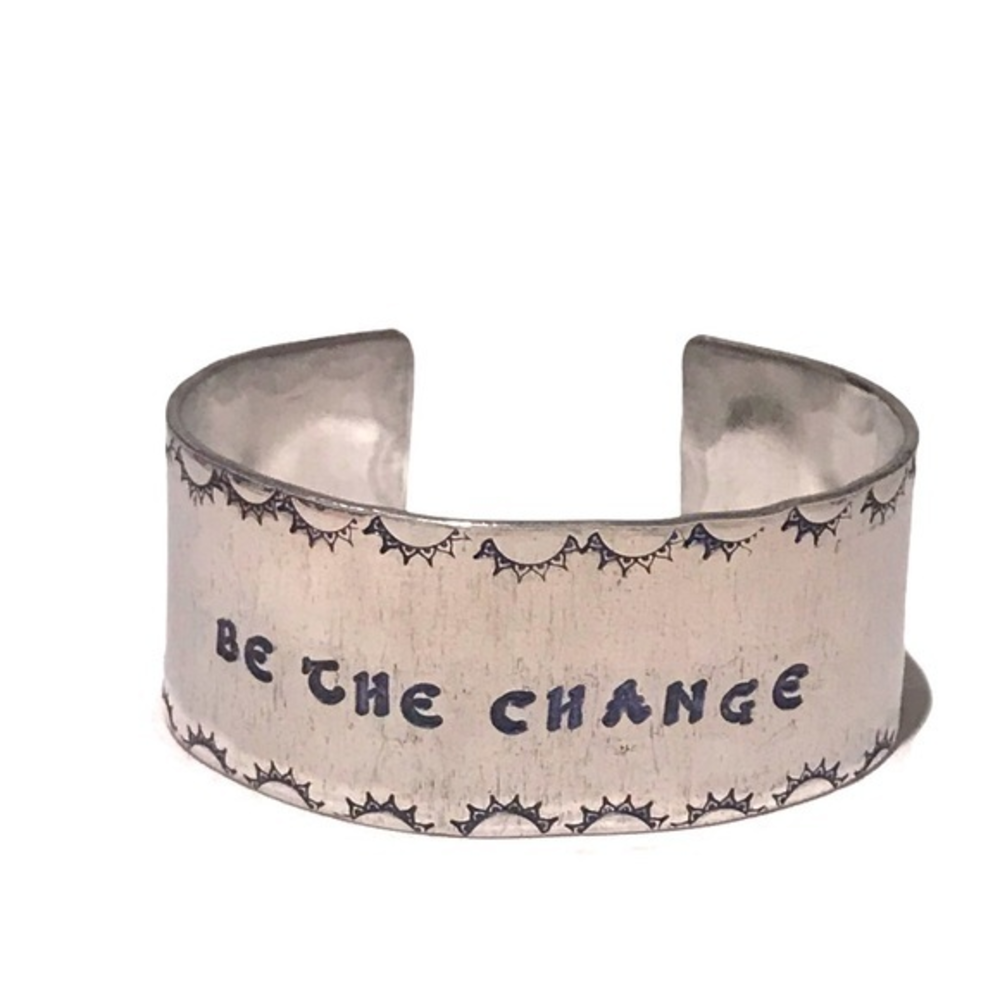 Handmade stamped silver motivational hypoallergenic adjustable cuff bracelet‎